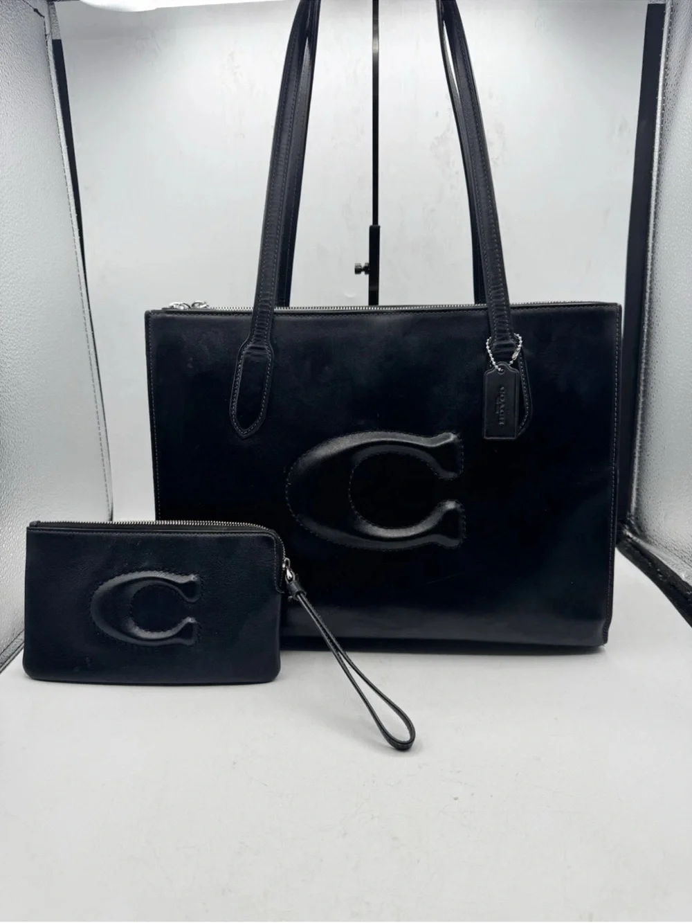 COACH Nina Leather Tote Bag Black With Wristlet Wallet CR096